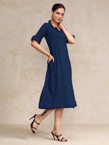 Image of Varanga Women Beige A -line Calf Length Dress Featuring Classic Shirt Collar and Short Sleeves which offering Comfort and Ease