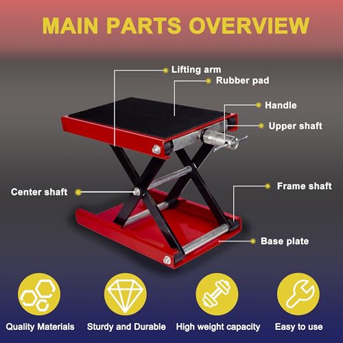 Image of Motorcycle Lift Scissor Jack, Motorbike Jack with 1100lb Capacity Wide Deck Motorcycle Center Stand, Steel Scissor Jack for Street Bikes, Cruiser Bikes, Touring Motorcycles, Red