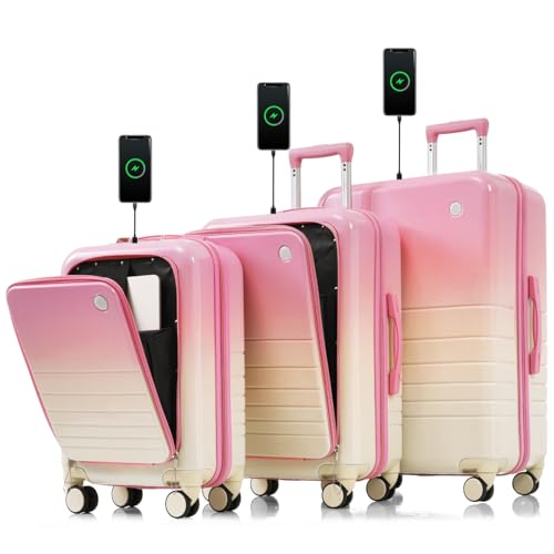 Luggage Set Of 3: 20, 24, 28 Inch, With USB Port, Front Opening Design Carry-On