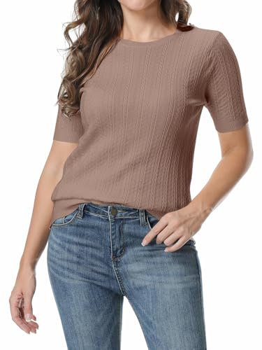 Image of SANGTREE Women's Cable Knit Half Sleeve Sweaters, Crew Neck Solid Color Knitted Summer Pullover Tops