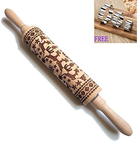 Christmas Embossing Rolling Pin,Flower,Animals,stars,Christmas Pattern Wooden Laser Engraved Embossed Printing Rolling Pin DIY Tool for Homemade Cookies.Free 3×Plum-shaped Mold (Jumping deer)