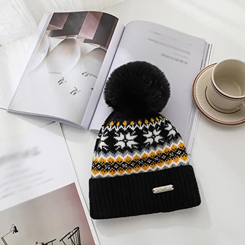 RuiKonM ユニセックス ファー ビーニー ニット帽 ポンポン帽 冬 ワッチキャップ ビーニーハット 雪の花柄 ビーニー帽 ブラック 帽子 暖かい 防寒 スノボ スキー キャンプ秋冬 冬 収縮性が高く柔らかい しっかり寒さ対策 Free Size 2枚目