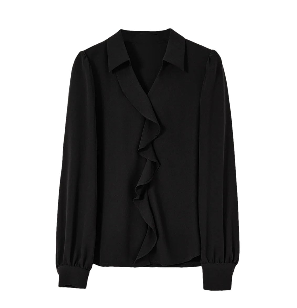 Blusa recta de gasa para mujer, con volantes, cuello en V, de satén, para oficina, ropa casual