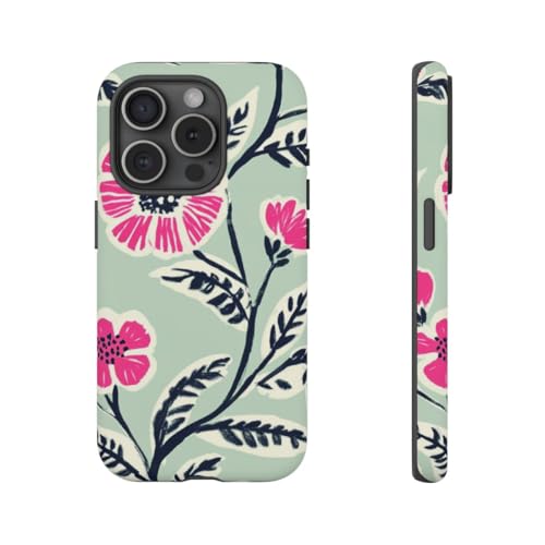 Coque iPhone 15 Pro motif floral rose vif fond menthe rigide mate protection