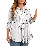 PLOKNRD Women's Plus Size Tops 3/4 Sleeve Henley V Neck Button Up Flowy T Shirts Tunic Loose Blouses