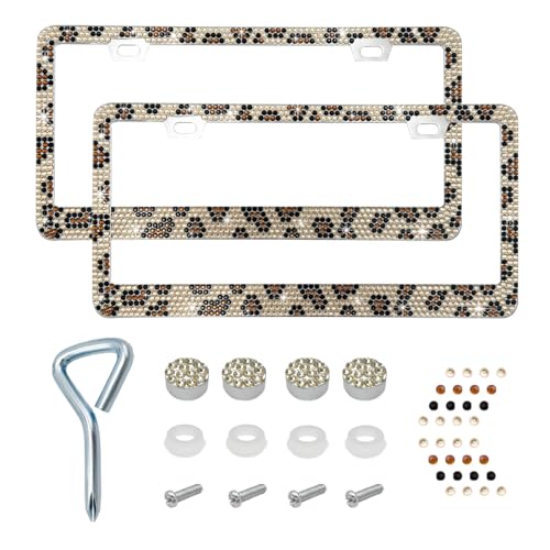 Ziciner Bling License Plate Frame Sparkly License Plate Tag Cover with Multifaceted Rhinestones Stainless Steel Crystal License Plate Holder Universal Exterior Car Accessories (Leopard Print 2PCS)