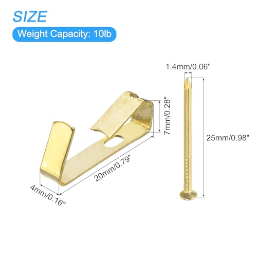 Image of uxcell Picture Hangers, 25Pcs 10lb - Metal Picture Hanging Kit with Nails, Picture Frame Hooks on Drywall Wooden Wall for Clock, House Decoration (Gold)