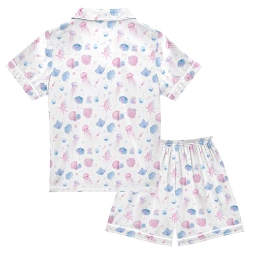 Dreamy Jellyfish Pattern Summer Satin Pajama Set, Cute Button-Down Sleepwear Pj Set for Sleep Wears2