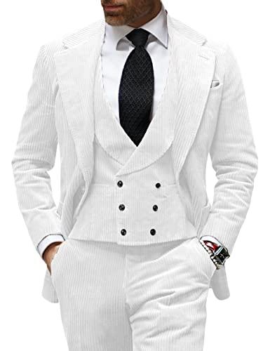 Men's 3 Piece Slim fit Corduroy Suit Double Breasted Vest Pant Set Party Prom Wedding Suit