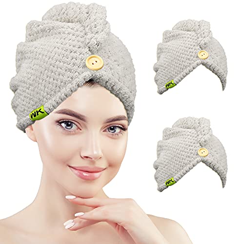 WK Hair Towel Wrap Fast Drying Hair Turban, Anti-Frizz Microfiber Wet Hair Wrap Towel for Women, Super Absorbent Hair Dry Towels, 2 Pack 25 x 10 Inch (Gray)