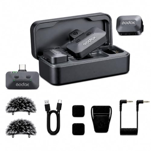 Image of GODOX Alink Kit2 Wireless Microphone for Camera, iPhone & Android, 48kHz /24-bit, 300m Range, 10-Level Noise Can, 2.4GHz, 30H Use for YouTube, Vlogging, Podcast (2TX + 1RX + Hot Shoe + Charging Case)