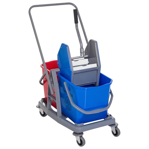 HOMCOM Carro de Limpieza Profesional Carro de Fregado de Metal con 2 Cubos de 25 litros Extraíbles Escurridor Prensa Manual y 4 Ruedas 73x45x92 cm Rojo y Azul