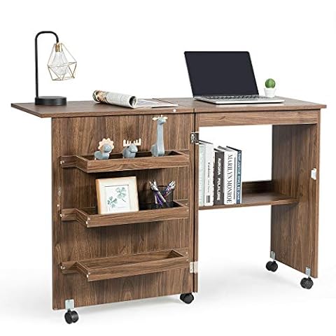 HPW Brown Foldable Sewing & Computer Desk, 3 Storage Bins, Extra Shelf, Modern Style, Unisex, Space Saving, 47x16x31.5" (LXWXH) Cover
