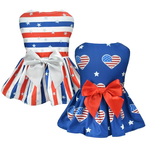Vehomy 2-Pack 4th of July Dog Dresse American Flag Pattern Puppy Dress with Bow Independence Day Dog Skirt Stars & Stripes Dog Pet Holiday Outfit Apparel Clothes for Small Medium Dogs Cats M