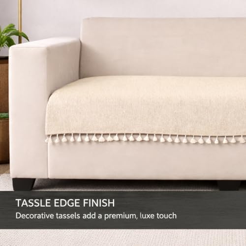 Image of STITCHNEST Beige Chenille Sofa Cover 24x30 Inch - Soft, Durable & Textured Fabric with Tassels | Sofa for Living Room, Bedroom, or Drawing Room