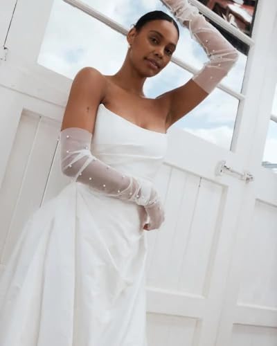 Long Wedding Tulle Gloves - White Pearl Bridal Elbow Length Summer Fingerless Gloves for Women and Girls4