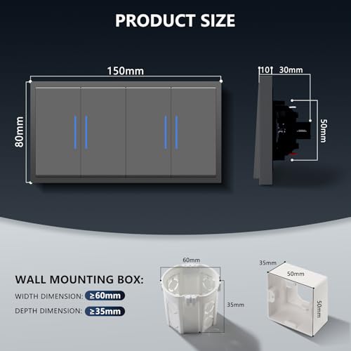 BSEED Lichtschalter Unterputz mit Steckklemme,2 Fach 1 Weg +2 Fach 1 Weg Lichtschalter mit LED Kontrollleuchte,Doppelschalter mit PC Rahmen,Unterputz Schalter Grau- 150X80mm