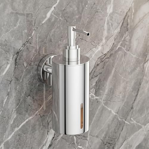 Image of Premium Wall Mounted Liquid Soap Dispenser - 304 Stainless Steel Holder with Frosted Glass Bottle | Rust-Proof Hand Wash Pump for Bathroom, Kitchen, & Wash Basin (Round 10CH)