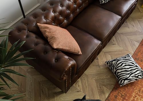 MASSIVMOEBEL24.DE Sofa 3-Sitzer Chesterfield Echtleder 218x82x76 braun Chesterfield #103 – Bild 5