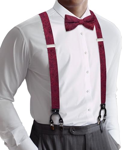 Image of YOHOWA Men Suspenders 6 Clips Strength Adjustable Y Braces Pre-Tied Bow Tie Set Formal Wedding Party