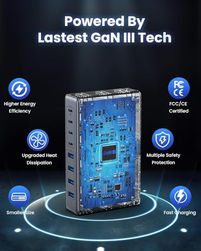 Image of TECHBLAZE 200W GaN 3 Super Fast Charger Adapter, 8-Port (4 USB A+ 4 Type- C) with PD Technology, Universal charger for iPhone, Android, MacBook, Type-C Laptops, Compact Multi-Device Charging Solution.