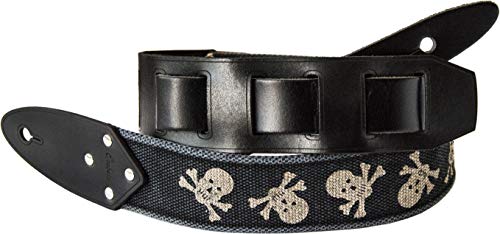 Etabeta Artigiano Toscano - EchoBrushed - Correa Guitarra y Bajo eléctrico Personalizada - CALAVERAS - en Algodón y piel auténtica – Fabricado en Italia (negro lavado)