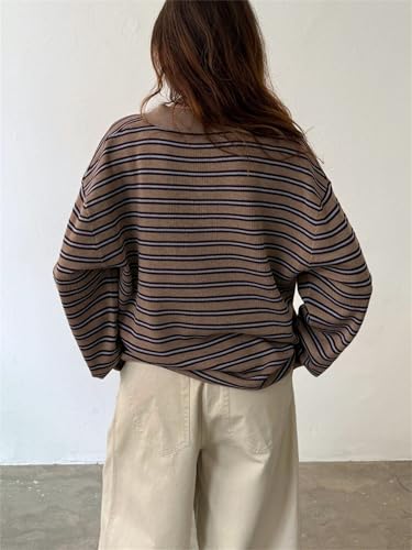 Women Oversied Stripd Rugby Shirt Y2k Long Sleeve Button Collared Preppy Polo Sweater Vintage Aesthetic Streetwear3