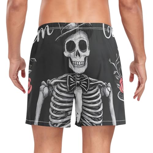 Mens Swim Trunks with Liner, Skeleton Gothic Rose Black Cool Quick Dry Beach Swim Shorts, Swimwear Bathing Suits S2