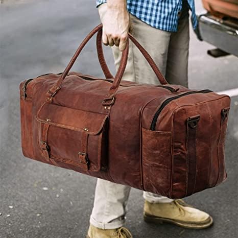 Leather Duffel Weekender Bags Inner Canvas Bag Overnight Travel Carry On Tote Bag Satchel with Adjustable Luggage Strap Sleeve for men & women