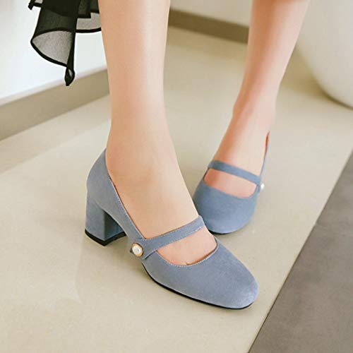 MIOKE Women's Square Toe Mary Jane Pumps Suede Pearl Strap Slip On Chunky Block Mid Heel Retro Dress Shoes4