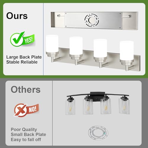 Image of Bathroom Light Fixtures, Brushed Nickel Bathroom Lighting Fixtures Over Mirror, Modern Vanity Light with White Glass Shade, Restroom Lighting Fixtures, 4-Light 30-inch