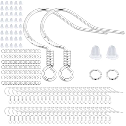 200 PCS/100 Pairs 925 Sterling Silver Plated Earring Hooks Hypoallergenic Silver Ear Wires Fish Hooks with 100 PCS Clear Silicone Earring Backs and 100 PCS Jump Rings for DIY Jewelry Making