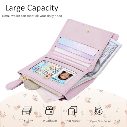 Small Wallet Cute Coquette Floral Print Wallet with Zipper Coin Purse ID Credit Card Holder for Women (PINK)2