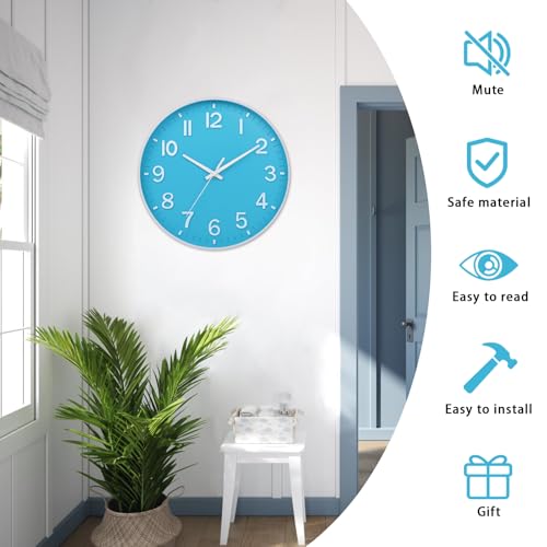 Image of HZDHCLH Wall Clocks Battery Operated,Wall Clock Blue and White 8 inch Wall Clock Silent Non Ticking Modern 3D Numbers for Office Kitchen Classroom Bedroom Living Room Decor