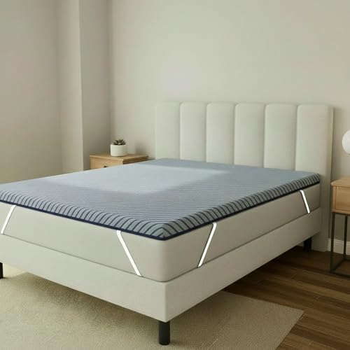 Image of SleepyHug OrthoSoft PRO Mattress Topper | Dual-Layer Memory Foam Comfort with Cooling Gel | Medium Soft Support | Anti-Skid /Elastic Strap Secure Fit | 72x60x2 Inches, Queen, Navy Blue