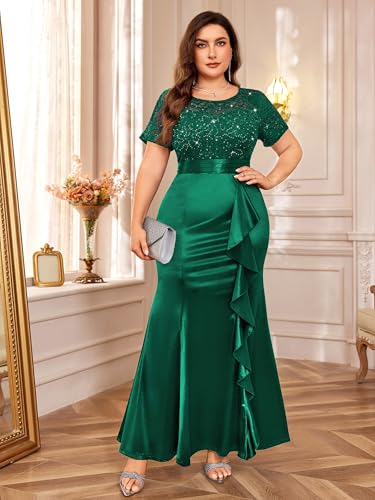 Miusol Women's Plus Size Lace Contrasted Satin Ruffled Trim Mermaid Hem Sequin Maxi Evening Dress3