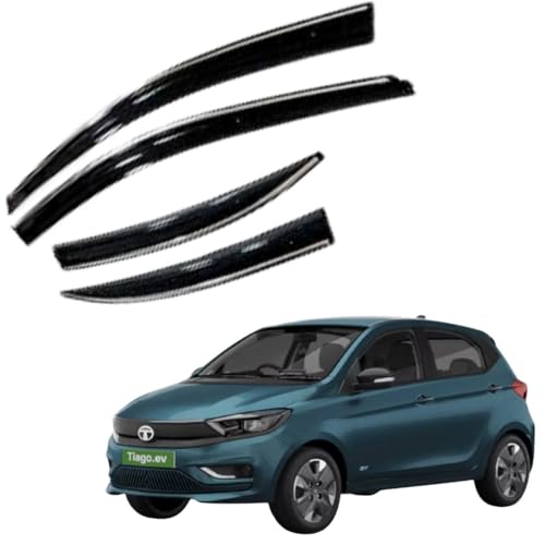 Image of CAR SAAZ Chrome Line Door Visor for Tiago EV (2022-Present), Rain Guard, Wind Deflector, Chrome Trim, Set of 4