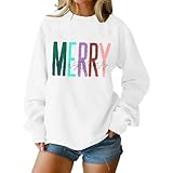 Merry Christmas Sweatshirt für Damen, lustiger Buchstabendruck, Weihnachts-Sweatshirt, übergroßer Rundhalsausschnitt, Grafik-Shirts, langärmelig, Weihnachtspullover, Weihnachtsparty-Outfits, weiß, S