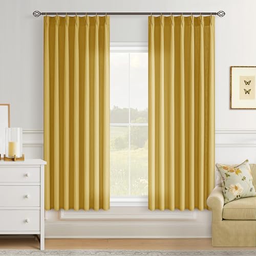Yellow Pinch Pleated Linen Curtains 63 Inch Length 2 Panels