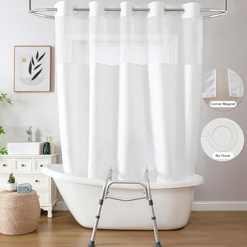 Summout Waffle Split Shower Curtain for Bath Transfer Benches with Mesh Top Window, No Hook Shower Curtain with Magnetic Bottom Seal in Liner, 2 Vertical Slits Designed -72''x74'', White