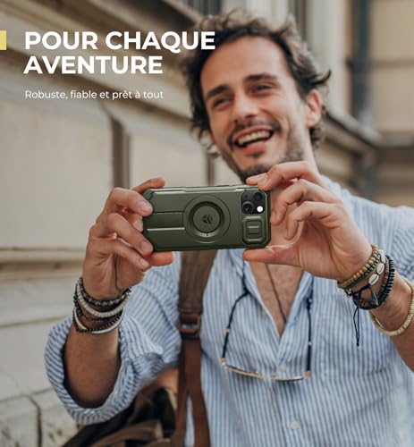 Coque iPhone 13/14 antichoc Dexnor vert militaire avec support - 7