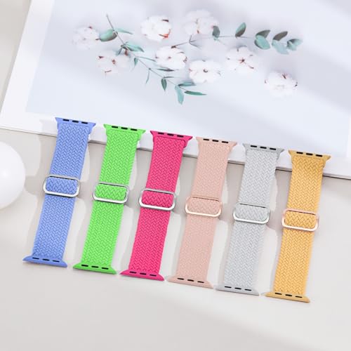 Image of 6 Pack Braided Stretchy Bands Compatible with Apple Watch Band 38mm 40mm 41mm 42mm 44mm 45mm 46mm 49mm Women Men, Adjustable Nylon Solo Loop Elastic Straps for iWatch Series 11 10 9 8 7 6 5 4 SE Ultra