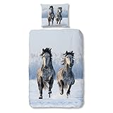 [page_title]-Good Morning Winter Bettwäsche 5724 Schnee Pferde Grau Hengst Stute Tiermotiv Wildpferde Wildtiere Flanell 135 cm x 200 cm