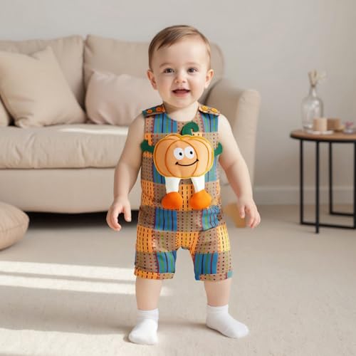 Baby Boy Halloween Outfits Newborn Pumpkin Overalls Plaid Romper Sleeveless Jumpsuit Infant Halloween Clothes3