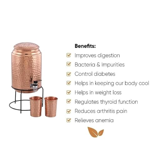 Image of Pure Copper Water Dispenser with Stand, Tap & 2 Glasses | 5 Litre Large Copper Water Pot for Drinking | BPA Free, Non-Toxic, Rustproof Hammered Copper Tank
