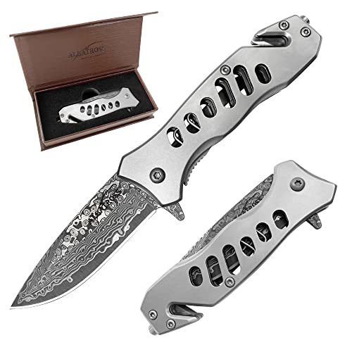 ALBATROSS EDC Cool Tactical Folding Pocket Knife with Modern Damascus Steel Blade, SpeedSafe Spring Assisted Opening Knifes with Liner Lock,Pocketclip,Glass Breaker,Rope Cutter, Gifts Box(Grey)