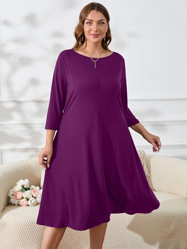 Image of AusLook Women's Plus Midi Dresses Crew Neck A Line 3 /4 Sleeves Casual Elegant Loose Wedding Vacation Dress with Pockets