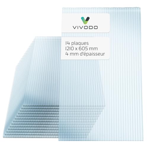 Vivodo plaque polycarbonate 4mm | 605 x 1210 mm - lot de 14 plaques | polycarbonate transparent | résistant aux UV | plaque polycarbonate pour serre jardin