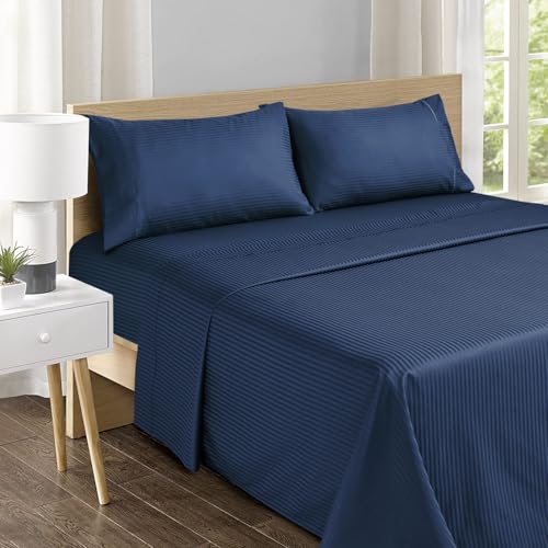 Image of Feather & Stitch 500 TC Split King Size Bed Sheet Set, 100% Cotton Soft Breathable Bedsheets, 5 Piece 18 inch Deep Pockets Sateen Weave Striped Bedding Mattress Resort Hotel Luxury - (Dark Blue Stripe)