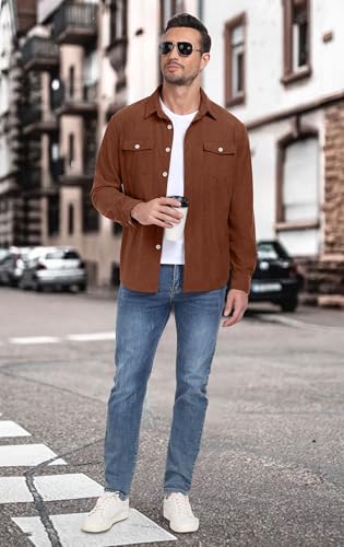 Image of Askdeer Men's Corduroy Button Down Shirts Long Sleeve Casual Shacket Jacket Western Corduroy Shirt Jacket with Flap Pockets